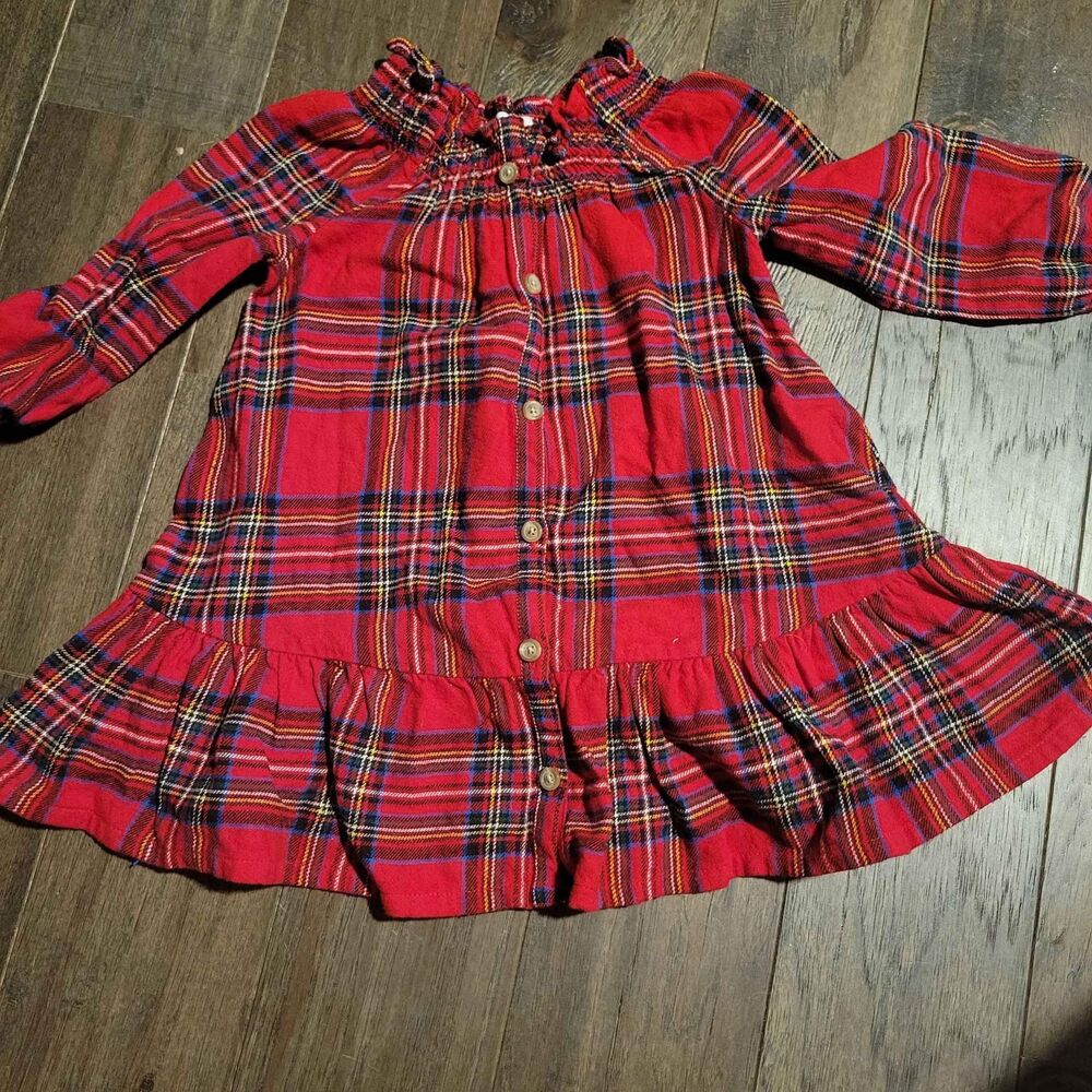 Girls Red Plaid Dress Button Front Long Sleeve Ruffle Hem Cottagecore